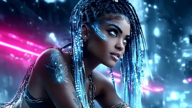 Female cyborg against the backdrop of a futuristic city. Neon lighting highlights her unique style. Cyberpunk girl in neon light. Her gaze and head tilt create a sense of strength and independence.