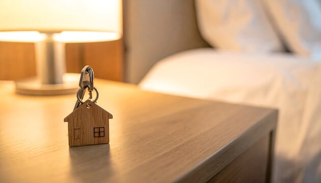 Bedside Table with a Key and Hotel Keychain