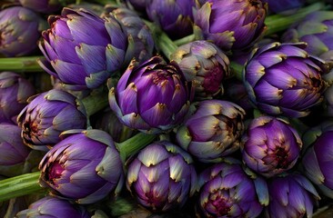 Obraz premium Close-up of fresh purple artichokes, tightly packed with vibrant colors and detailed textures. Natural background perfect for culinary, organic food, or botanical themes.
