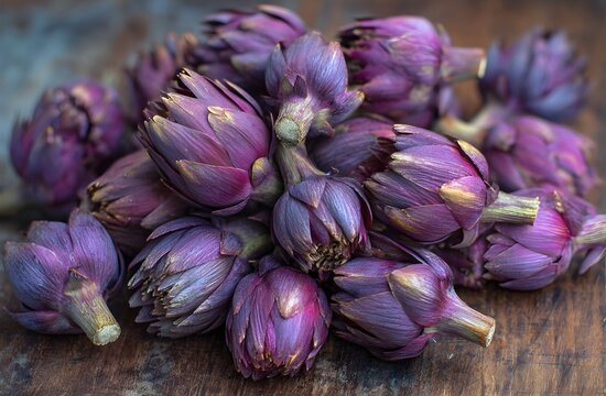 Close-up of fresh purple artichokes, tightly packed with vibrant colors and detailed textures. Natural background perfect for culinary, organic food, or botanical themes.