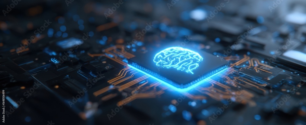 Poster [the microchip with glowing brain icon representing artificial intelligence and neural computing]