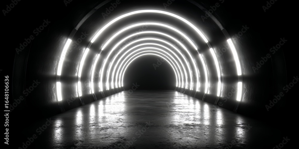 Poster dark tunnel with a bright light shining down on it. the light is creating a sense of depth and myste