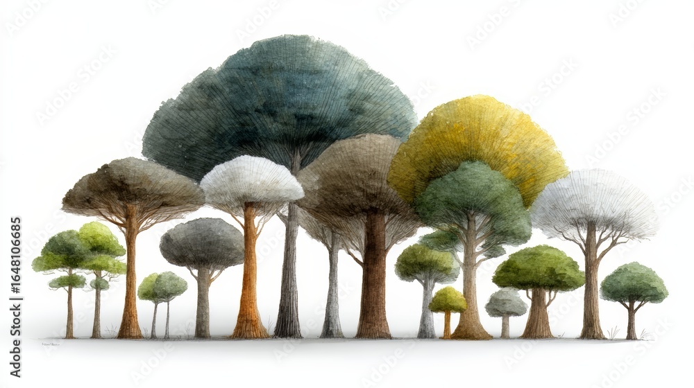 Aufkleber drawing of a forest with many trees of different sizes and colors. the trees are all lined up in a r