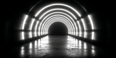 Obraz premium Dark tunnel with a bright light shining down on it. The light is creating a sense of depth and mystery