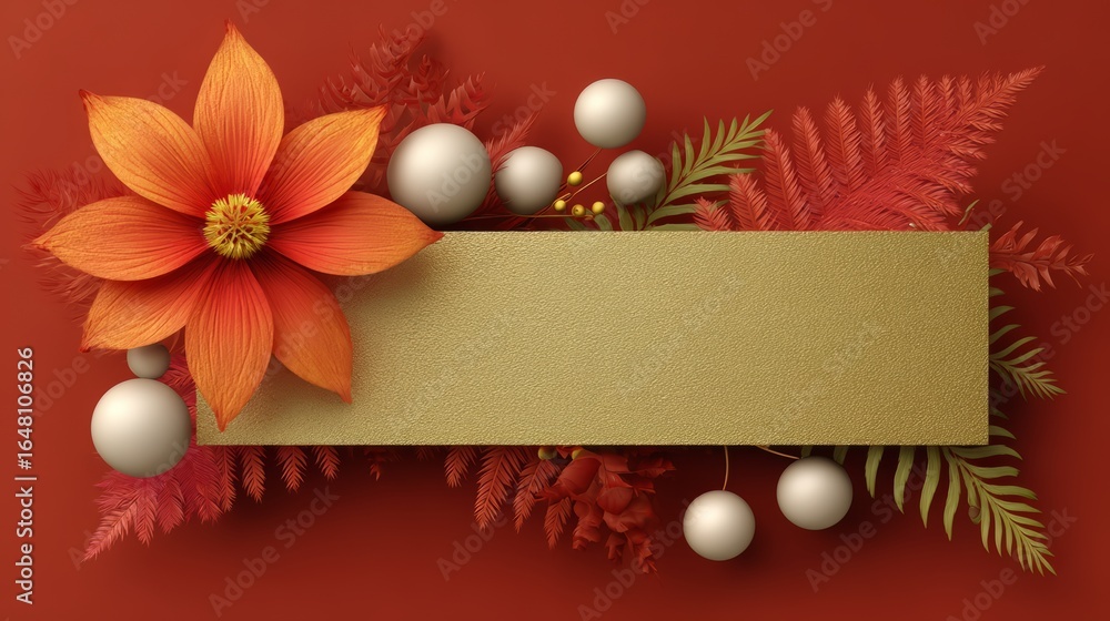 Poster gold frame with a flower on it is displayed on a red background. concept of elegance and sophisticat