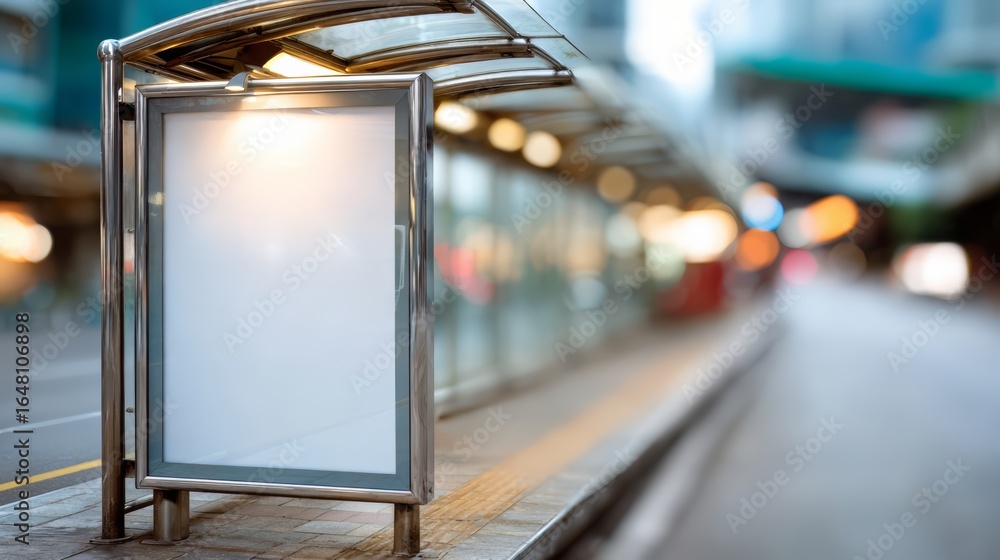 Poster large white sign is on a bus stop. the sign is empty and the bus stop is empty