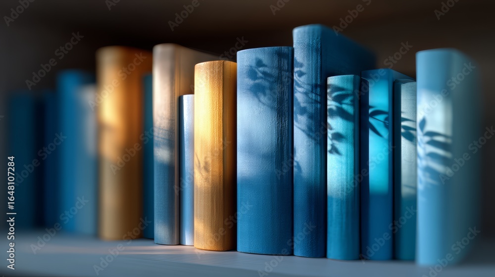 Poster row of books on a shelf with a blue book in the middle. the blue book is the only one that is not ye