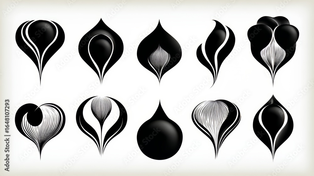 Poster series of black and white flower shapes. the shapes are all different sizes and are arranged in a ro