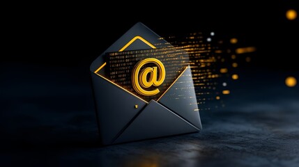 Digital envelope with glowing email symbol and binary code streaming in a dark setting