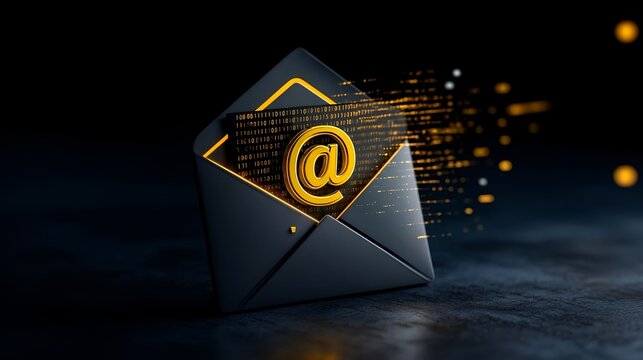 Digital envelope with glowing email symbol and binary code streaming in a dark setting