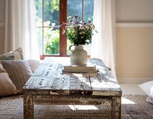 Rustic Farmhouse Coffee Table with Flowers in a Bright Bohemian Living Room