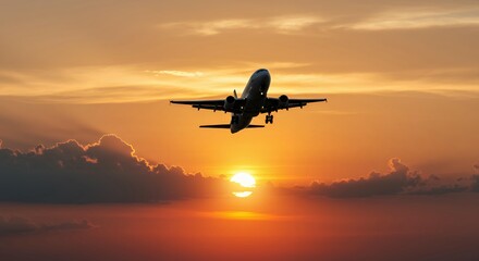 Fototapeta premium Commercial jetliner flying overhead against bright orange sunset sky with sun visible through clouds