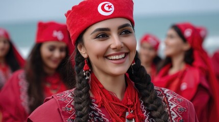 Holiday Tunisia moment: waving flag, cheerful group, Sahelian festivity, independence cheer, vibrant custom, republic legacy, woman tribute, local joy, desert dance, Carthage date, civic pride