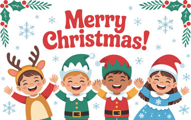 Happy diverse children in Christmas costumes, elves and reindeer, celebrating together. A festive vector illustration graphic design element.