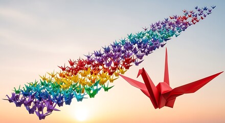 Rainbow origami cranes flying in formation
