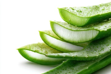 Isolated slices of fresh Aloe Vera on a white backdrop design feature