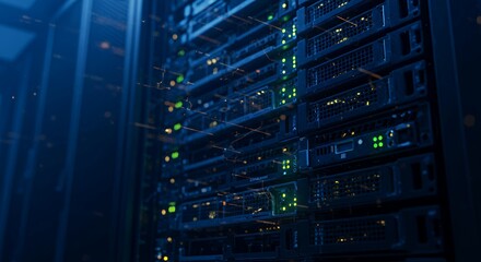 Modern data center server racks with glowing LED status lights in blue tones for technology and IT infrastructure