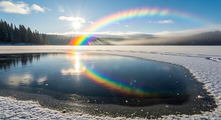 Rainbow reflection stretching over a frozen lake
