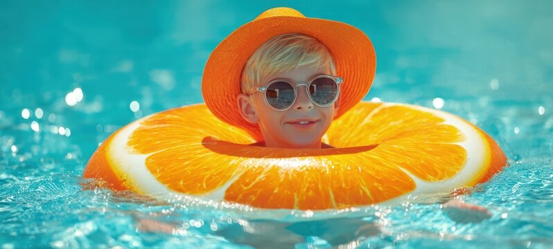 The boy floating on a vibrant orange-slice pool float in sunny summer waters