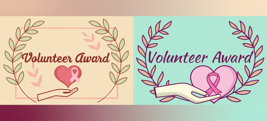 Volunteer Award Badges with Hands, Hearts, and Ribbons for Charity Recognition, Community Service, and Humanitarian Achievement