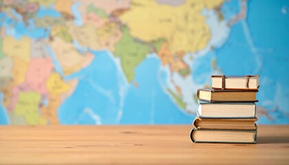 Small Stack of Travel Books on a Wooden Desk with a World Map
