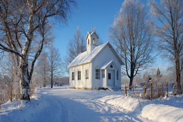 Little white chapel on a bright winter day
