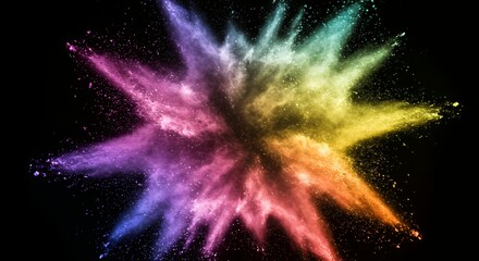 Brilliant rainbow colored powder explosion with radiating streams of colorful dust particles forming star pattern against black space backdrop