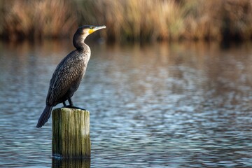 Lone great cormorant on a post in water