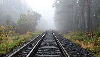 Fototapeta premium Train tracks stretching into misty forest, soft and serene