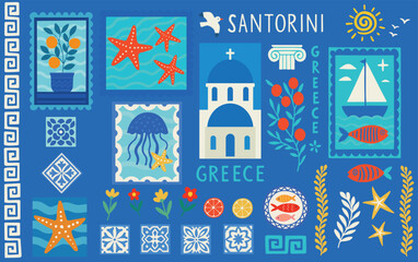 Santorini Greece Travel Icons Illustrationt for travel posters, souvenirs, postcards, and summer-themed designs.