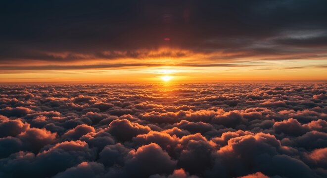 Dramatic sunset above clouds viewed from airplane window with golden orange sky and atmospheric lighting