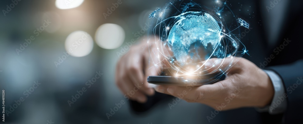 Poster the smartphone projecting a glowing digital globe with global network connections and data streams