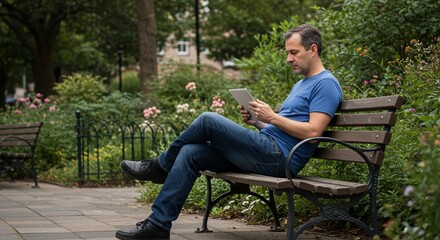 Fototapeta premium Man Reading Tablet on Park Bench: A man in casual attire sits on a wooden park bench, engrossed in his tablet, surrounded by the serene beauty of a lush green garden with blooming flowers.
