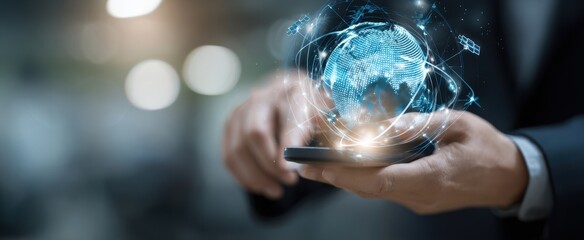 The smartphone projecting a glowing digital globe with global network connections and data streams