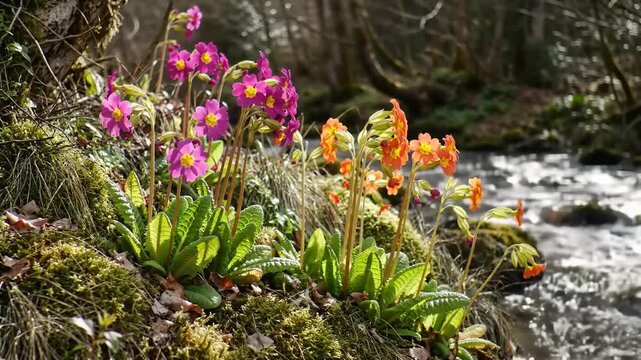Vibrant wildflowers by a babbling brook
