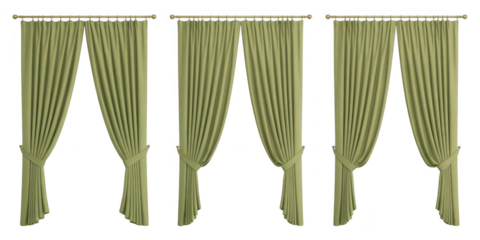 Three light green drapes tied back isolated on transparent background
