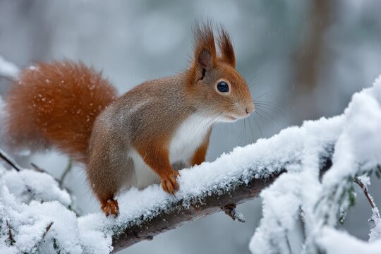 Red squirrel on snowy branch