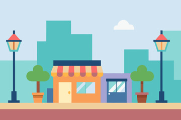 Vector illustration of a modern urban street with cartoon buildings, houses, and trees
