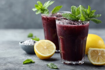 Fototapeta premium Refreshing acai juice with mint and lemon on a gray surface