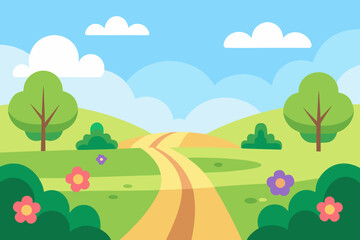 Fototapeta premium Vector summer landscape with green trees and flowers on a hill under a blue sky with clouds and sun