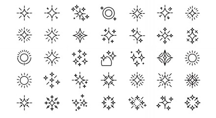 Hand-drawn sparkle and star doodle icons collection with various shine effects and magical symbols for creative designs