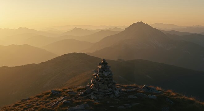 Scenic mountain landscape with stone cairn at sunset featuring layered hills and golden atmospheric lighting for nature concepts - Powered by Adobe