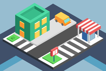 Fototapeta premium Isometric illustration of a modern urban street with residential buildings and a business center