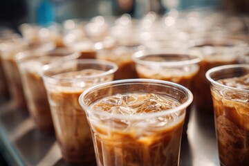 Selective focus on empty plastic iced coffee cups