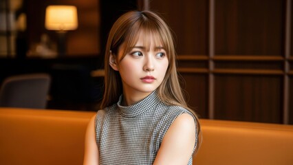 ラウンジのソファに座り、物思いにふけりながら遠くを見る女性