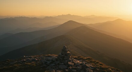 Majestic mountain landscape at golden hour sunrise with stone cairn in foreground, layered peaks creating atmospheric depth and warm lighting