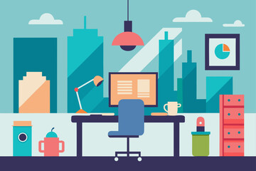Vector illustration of a modern city office building with a set of interior design icons