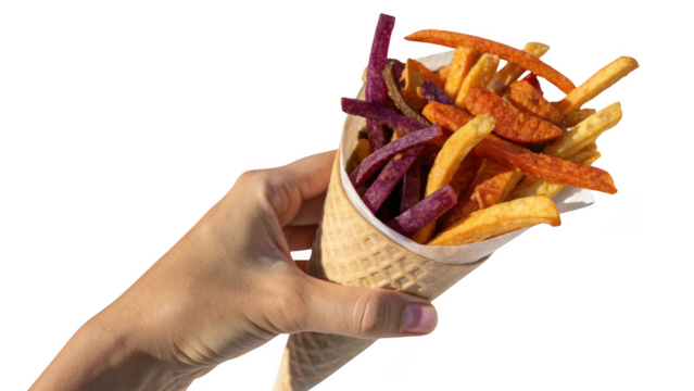 Hand holding a cone filled with colorful sweet potato fries and regular fries isolated on transparent background