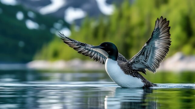 A loon taking flight over a serene lake. Lush green forest and mountains in the background