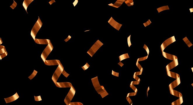 Elegant golden copper confetti ribbons falling against black background for luxury celebration events